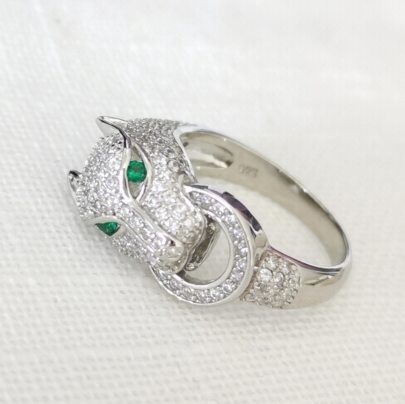 Panther Ring sterling silver cz and emerald eye cat size 7 - Picture 2 of 12